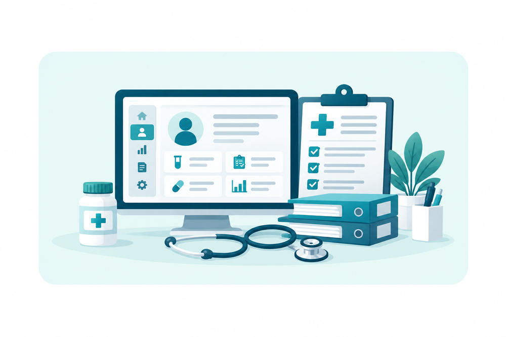 Illustration : poste de travail et dossier patient numérique GERLAB pour cabinets médicaux