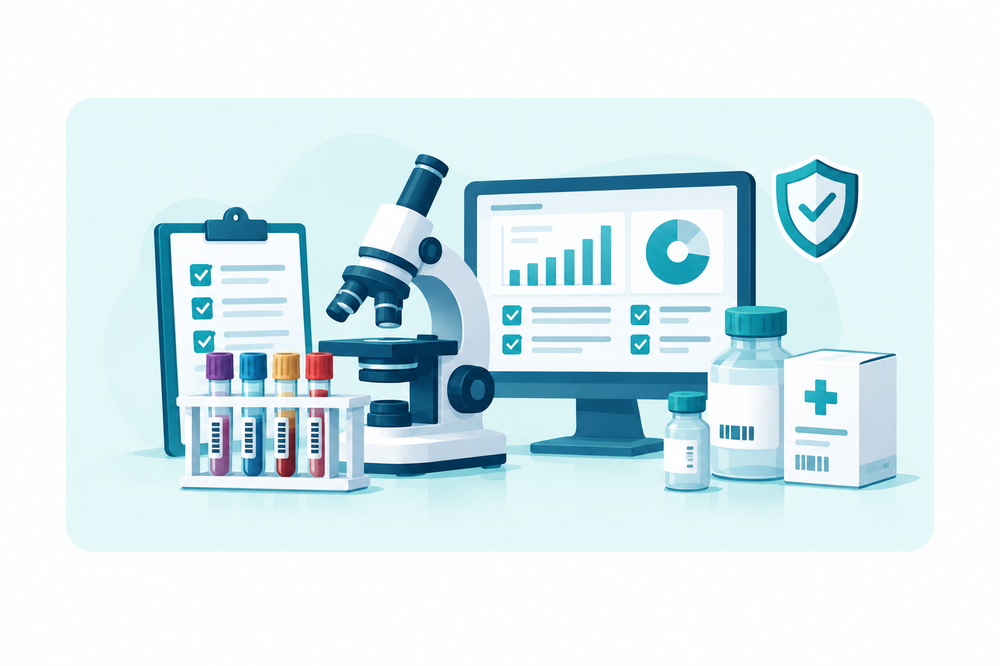 Illustration : microscope, tubes à échantillons et tableau de bord GERLAB pour laboratoires d'analyses médicales
